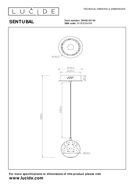 Lucide SENTUBAL - Suspension - Ø 14 cm - LED - 1x6,3W 2700K - Noir - technique